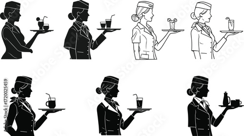 PrintSilhouette and outline illustration of stewardess serving drinks, flight attendant holding tray, aviation service staff, hospitality, airline uniform, travel concept.