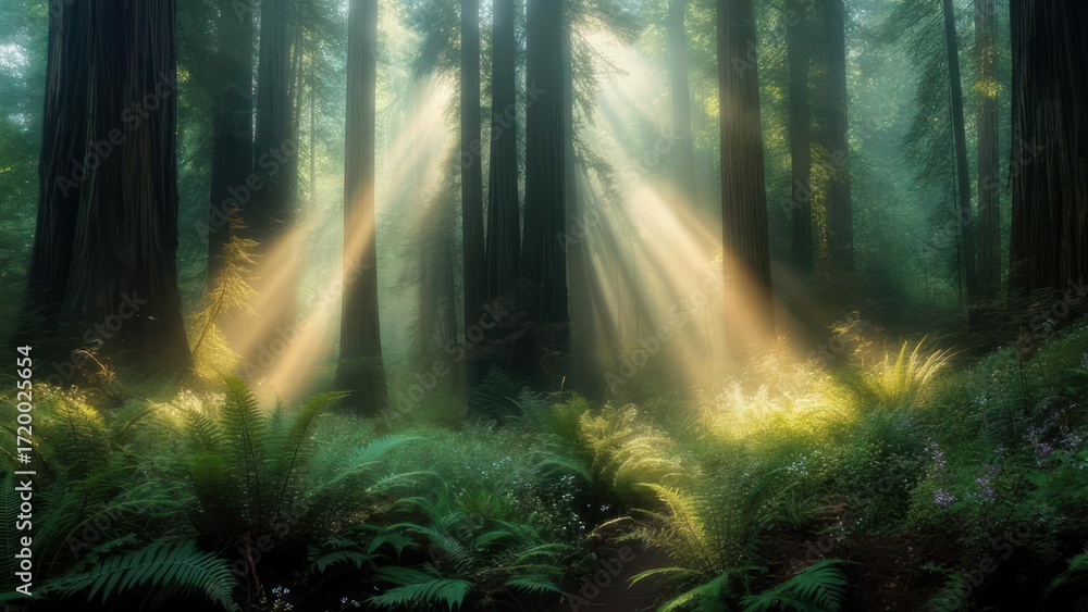 Obraz premium Stunning sunbeams filter through majestic redwood forest, creating an ethereal, magical woodland scene for outdoor adventures and nature escapes