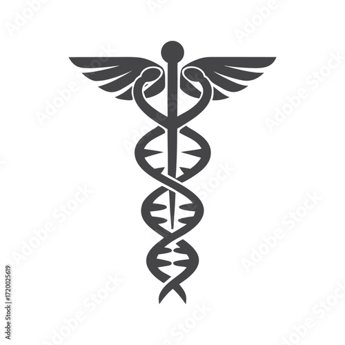 Dark gray caduceus symbol with D N A helix and wings on white background medical health
