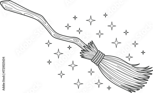 Witch's broomstick flying through the night sky with stars