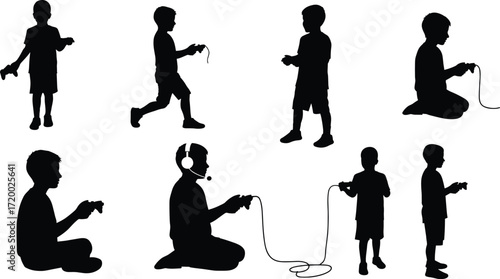 PrintSilhouette children playing video games with controllers, boys gaming on console, kids entertainment illustration, vector art design, digital fun lifestyle