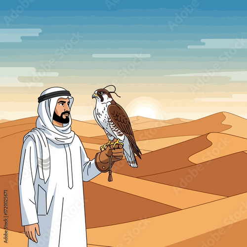 Majestic falcon perched on the hand of a sheikh in the Arabian desert, a symbol of heritage and tradition under the warm desert sun
