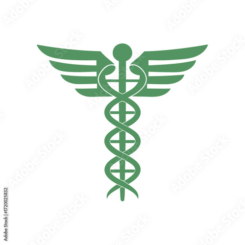 Green Caduceus Symbol with Wings and D N A Helix medical health