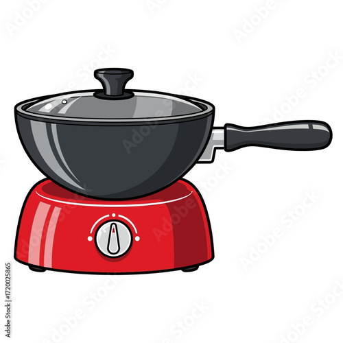 Cartoon illustration of a small, red electric fondue pot with a black cooking pan.