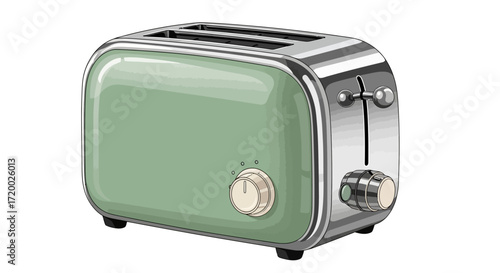 A retro-style, two-slot electric toaster with a sage green body and chrome accents, featuring a browning control dial and lever.
