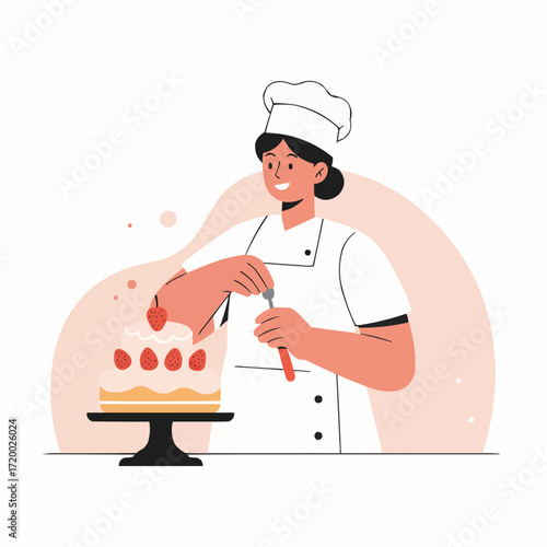 Pastry chef decorating cake with strawberries in modern kitchen  