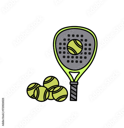 Vibrant vector graphic of padel sport equipment, featuring a contemporary racket and several bright yellow balls, ideal for representing active recreational games and fitness