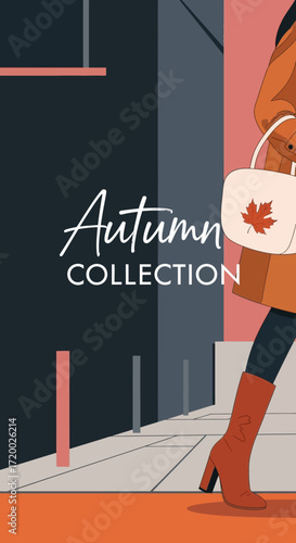 Stylish woman strolls city street, autumn collection handbag, orange coat, boots.
