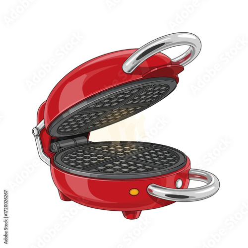 A red waffle maker with a silver handle is open and ready to cook, showing the heating elements.