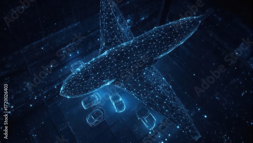 Modern aviation concept with glowing network of airplane and vehicles, ideal for technology, travel, and innovative transportation solutions in dark blue