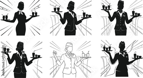 PrintSilhouette illustration of stewardess serving drinks on airplane, flight attendant holding tray, airline service, aviation crew, hospitality, passenger travel concept.