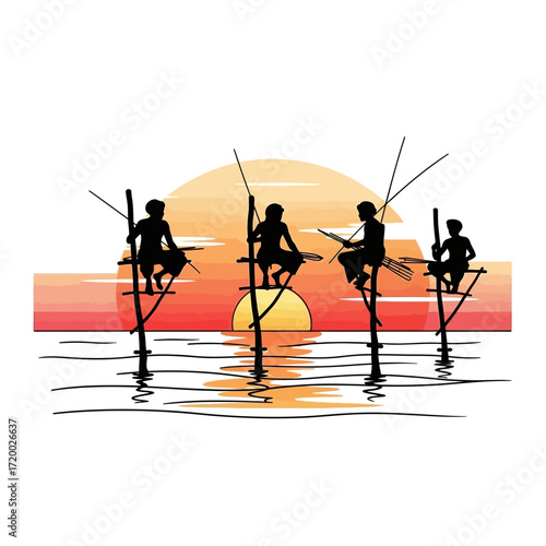 Serene sunset silhouette featuring traditional Sri Lankan stilt fishermen, a tranquil scene evoking travel, culture, and the beauty of coastal fishing lifestyle