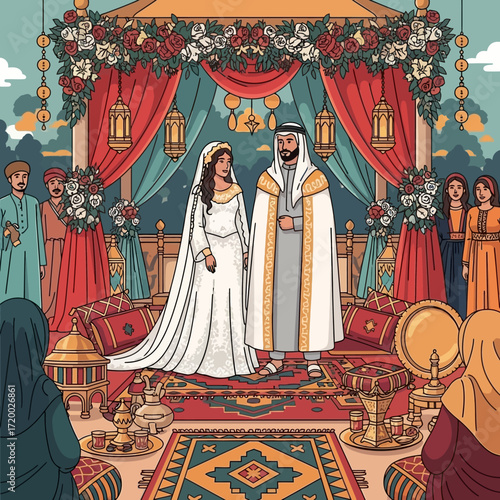 Romantic Arabian wedding illustration with bride and groom in traditional dress, creating a warm, celebratory atmosphere for cultural events and designs