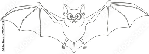 Cartoon bat with outstretched wings in black and white line