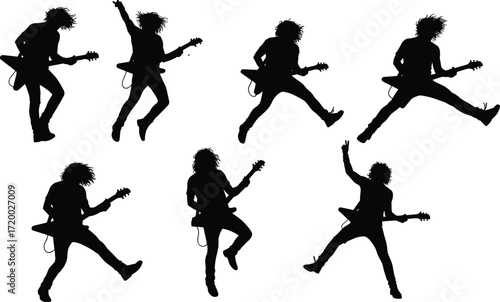 PrintSilhouette rock guitarist playing electric guitar, musician jumping on stage, live concert performance, music entertainment vector illustration, rock star lifestyle art
