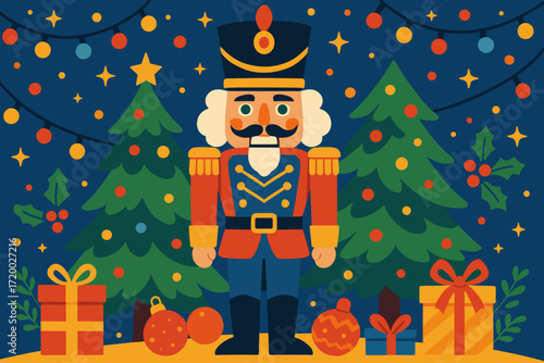 Christmas Nutcracker soldier standing among decorated trees and gifts in a festive atmosphere