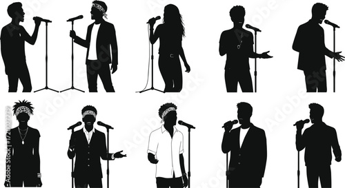 PrintSilhouette singers with microphone, male and female vocalists performing on stage, music concert illustration, entertainment design, vector art, live performance background