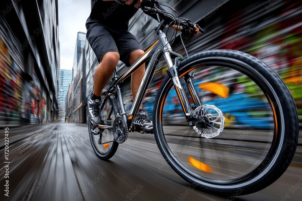 Fototapeta premium Cyclist speeding through city streets on mountain bike