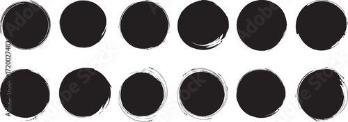 Set of black grunge rectangles circles shapes on a white background. Paint brush stamp collection.Vintage grunge boxes for collage, text, banner, sticker, poster design.Grunge round shape.	
