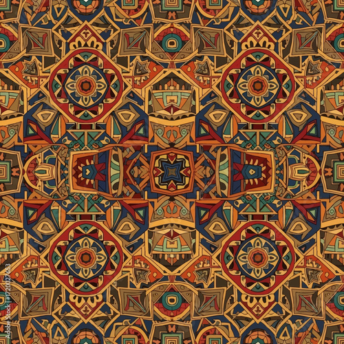 Intricate ethnic textile pattern with bohemian flair for eye-catching backgrounds and exotic designs, perfect for fashion, interiors, and creative projects