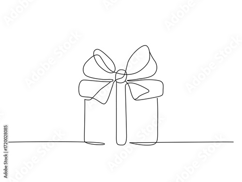 Large box with a bow and ribbon for Christmas, New Year, or birthday. Flat vector illustration, single continuous line drawing, isolated on white background.