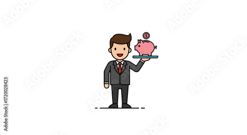 Gentleman in suit holding piggy bank on platter, flat vector illustration with minimal design, simple lines, isolated clipart on white background for finance and savings concept