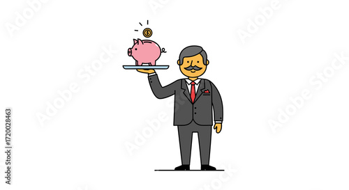 Gentleman in suit holding piggy bank on platter, flat vector illustration with minimal design, simple lines, isolated clipart on white background for finance and savings concept