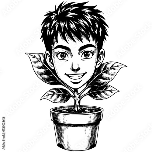 Blooming from Within: A surreal monochrome illustration of a young man, sprouting from a pot, embodying growth and inner flourishing. 