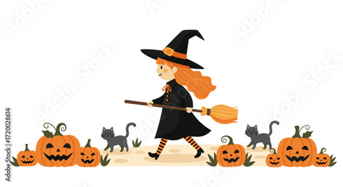 Cute little witch with broom and black cat surrounded by pumpkins, flat vector illustration for Halloween, simple cartoon character clipart on white background