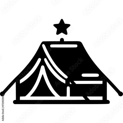 Camping Adventure Icon: A monochrome icon of a sturdy tent, crowned with a star, beckons the spirit of adventure, hinting at nights spent under the canopy of the starlit sky.