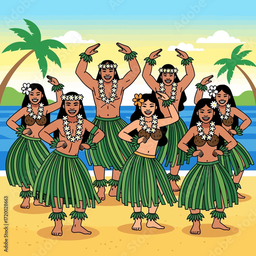 Experience the vibrant energy of a traditional Hawaiian hula dance troupe performing on a sunny beach, perfect for travel promotions and cultural events