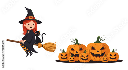 Cute little witch with broom and black cat surrounded by pumpkins, flat vector illustration for Halloween, simple cartoon character clipart on white background