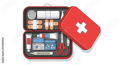 Vector Flat Illustration of Open First Aid Kit with Bandages, Pills, and Scissors on White Background for Medical Concept