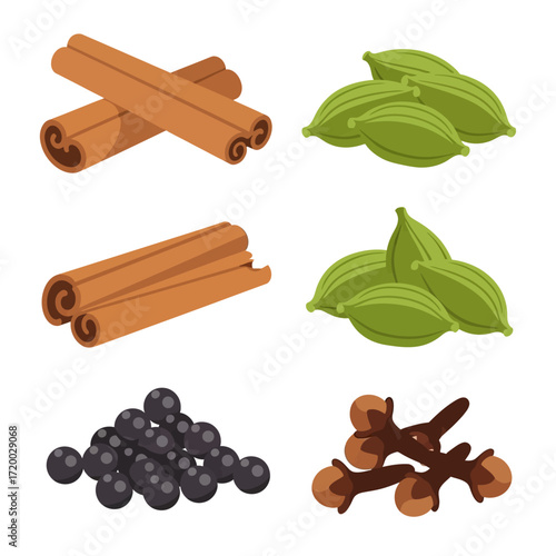 Flavorful spice collection with cinnamon sticks, cardamom pods, peppercorns, and cloves offers versatile culinary and wellness applications