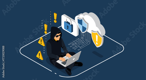 Flat isometric vector illustration of a cartoon figure using a laptop beside a large cloud server with padlock and floating shield icons on a dark navy background