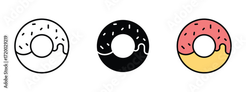 Set of pixel perfect colored Donut icon, 1 Silhouette, 1 Unexpanded, Donut icon showing a sweet dessert with icing and toppings.