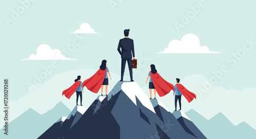 Vector illustration of a business team standing on a mountain peak wearing superhero capes, businessman with briefcase and businesswoman, concept of success and leadership