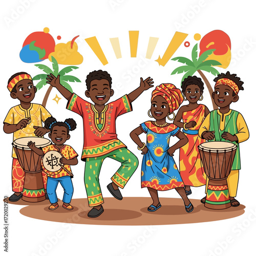 Vibrant African family dancing and drumming joyfully in celebration, perfect for cultural events and educational materials, conveying happiness and togetherness