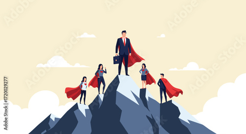 Vector illustration of a business team standing on a mountain peak wearing superhero capes, businessman with briefcase and businesswoman, concept of success and leadership