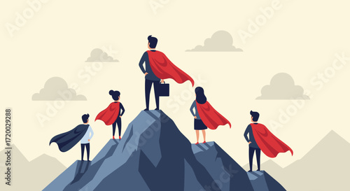Vector illustration of a business team standing on a mountain peak wearing superhero capes, businessman with briefcase and businesswoman, concept of success and leadership