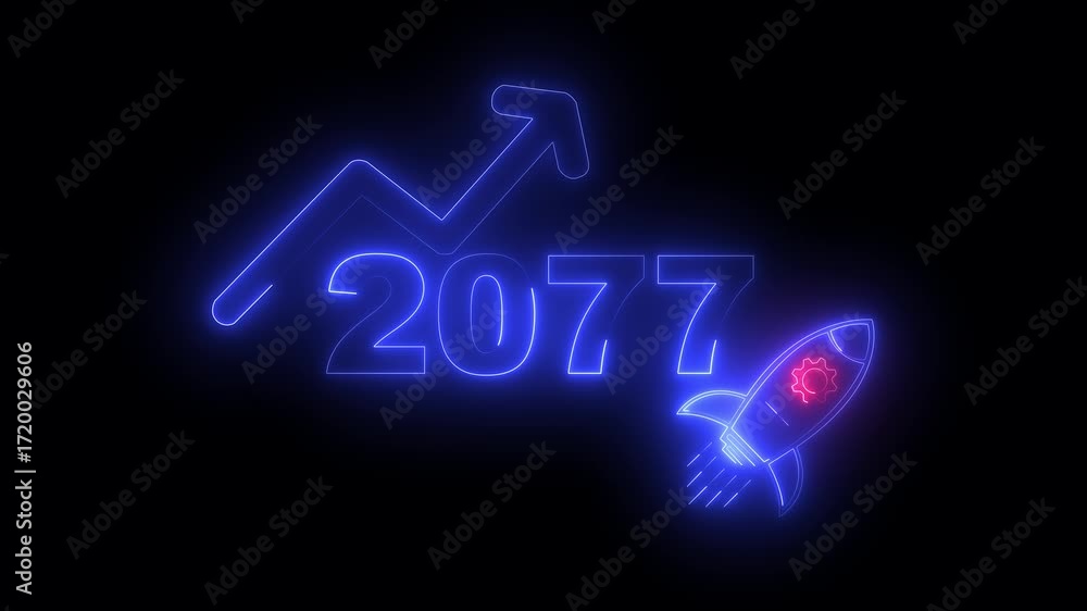 custom made wallpaper toronto digitalBlue neon 2077 year with upward arrow graph and rocket ship icon on black background new year