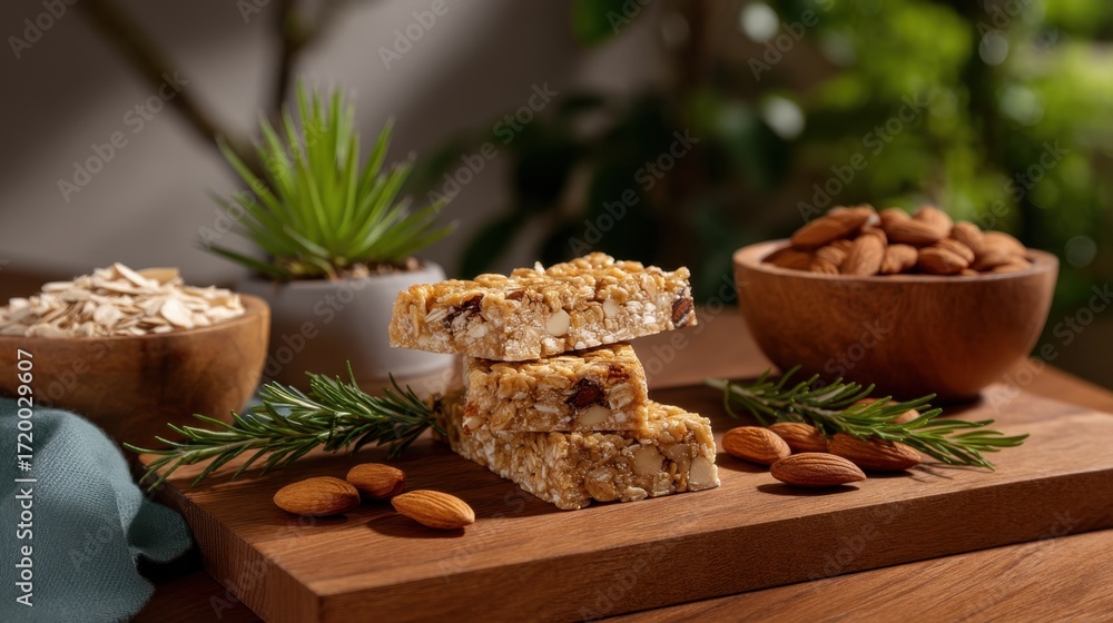 Fototapeta premium Layered Display of Nut Protein Bar Halves on Wooden Board with Almonds and Oats