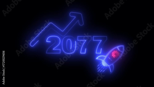Wallpaper Mural Blue neon 2077 year with upward arrow graph and rocket ship icon on black background new year Torontodigital.ca
