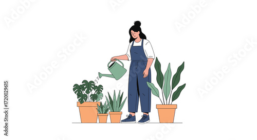 Flat vector illustration of a happy woman with black hair in ponytails watering plants in pots on a table, simple shapes and white background, cheerful home gardening concept