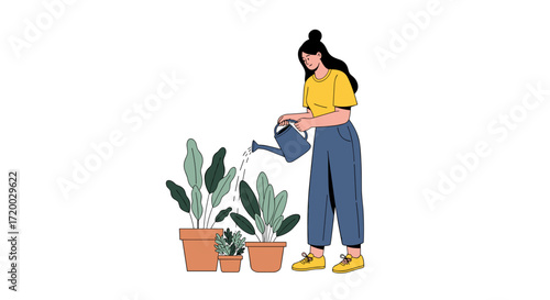 Flat vector illustration of a happy woman with black hair in ponytails watering plants in pots on a table, simple shapes and white background, cheerful home gardening concept