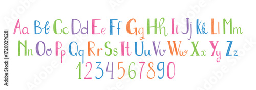 Funky children font, cartoon kids alphabet with crayon, marker or chalk texture. Vector color handdrawn numbers and letters.