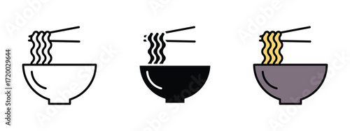 Set of pixel perfect colored Noodles icon, 1 Silhouette, 1 Unexpanded, Noodles icon representing a bowl of Asian cuisine.