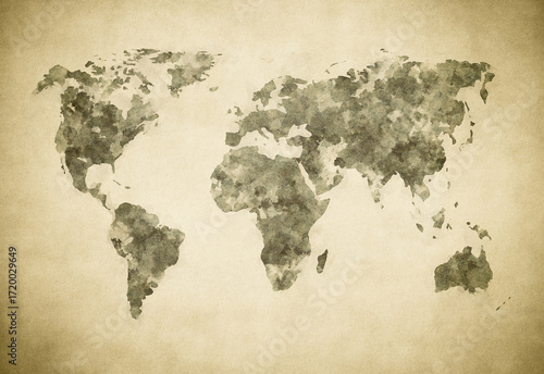 Grunge world map on vintage paper background in watercolour style.