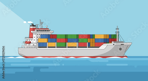 Flat vector illustration of a large cargo ship with containers sailing on the sea, simple background, minimal flat design style for global trade and shipping concept