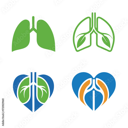 Green and blue lung heart logos with leaves and abstract shapes lungs leaf